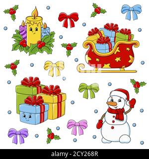 Set of stickers with cute cartoon characters. Christmas theme. Hand drawn. Colorful pack. Vector illustration. Patch badges collection. Label design e Stock Vector