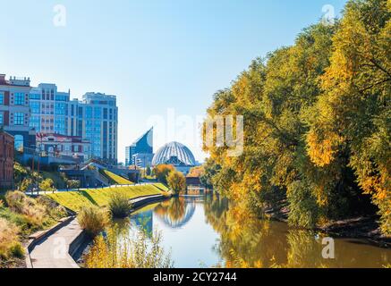 urban landscape in autumn. river, houses, circus. Ekaterinburg Stock Photo