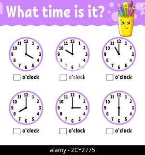 Learning time on the clock. Educational activity worksheet for kids and toddlers. Game for children. Simple flat isolated color vector illustration in Stock Vector