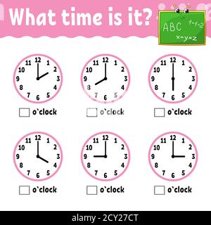Learning time on the clock. Educational activity worksheet for kids and toddlers. Game for children. Simple flat isolated color vector illustration in Stock Vector