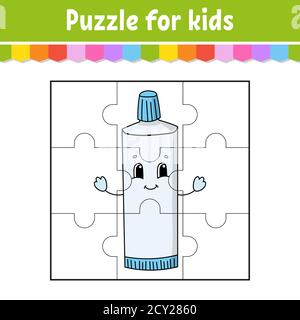 Puzzle game for kids. Jigsaw pieces. Color worksheet. Activity page.Isolated vector illustration. Cartoon style. Stock Vector