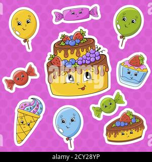 Set of stickers with cute cartoon characters. Happy birthday theme. Hand drawn. Colorful pack. Vector illustration. Patch badges collection. Label des Stock Vector