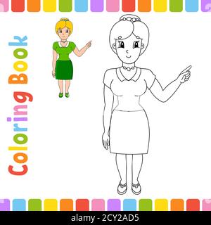 Coloring book for kids. Back to school. Cheerful character. Vector illustration. Cute cartoon style. Fantasy page for children. Black contour silhouet Stock Vector