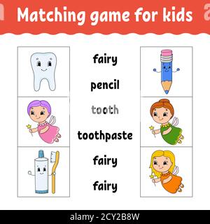 Matching game for kids. Find the correct answer. Draw a line. Learning words. Activity worksheet. Cartoon character. Stock Vector