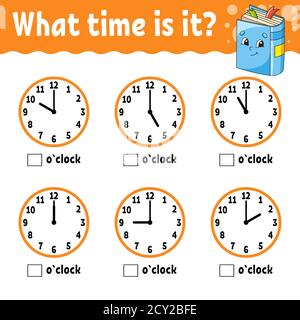 Learning time on the clock. Educational activity worksheet for kids and toddlers. Game for children. Simple flat isolated color vector illustration in Stock Vector