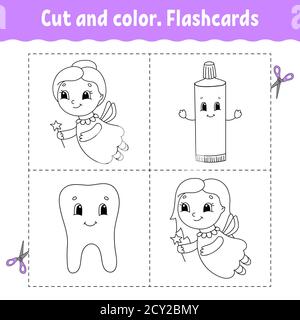 Cut and color. Flashcard Set. Coloring book for kids. Cartoon character. Stock Vector