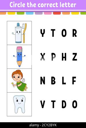 Circle the correct letter. Education developing worksheet. Learning game for kids. Color activity page. Cartoon character. Stock Vector