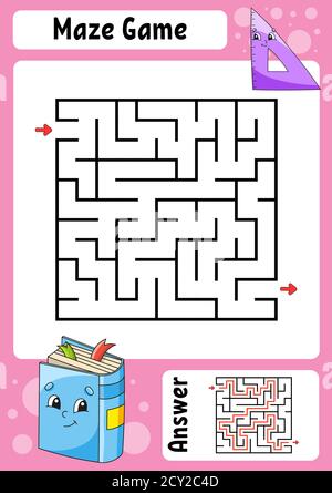 Square maze. Game for kids. Funny labyrinth. Education developing worksheet. Activity page. Puzzle for children. Cartoon style. Back to school. Logica Stock Vector