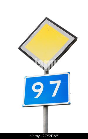 Road signs for primare road and road number 97 isolated on white background. Stock Photo