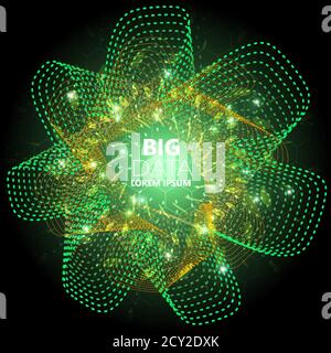 Abstract square technology, big data background with green, orange wave and small particle Stock Vector