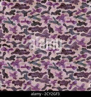 Fashion military hunting camouflage abstract background. Seamless woodland pattern. Brown, pink, purple and blue colors forest texture. Watercolor han Stock Photo