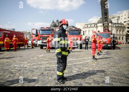 Bucharest, Romania - September 14, 2020: Romanian firefighters take part at an outdoors event. Stock Photo