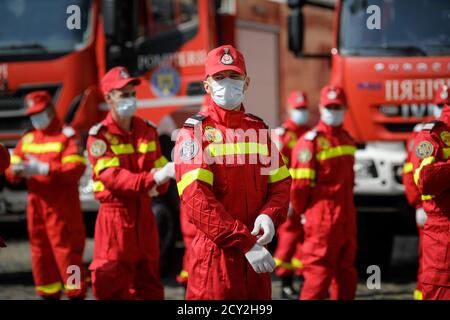 Bucharest, Romania - September 14, 2020: Romanian firefighters take part at an outdoors event. Stock Photo