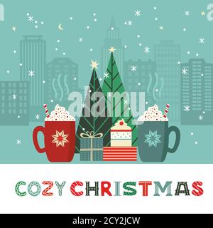 Cozy Christmas hot cocoa mugs cute vector poster Stock Vector