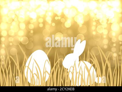 Easter bunny rabbit egg hunt gold background with bokeh effect. Golden and white Happy Easter template design hand drawn illustration. Greeting card w Stock Photo