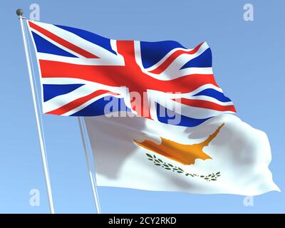 Two waving state flags of United Kingdom and Cyprus on the blue sky. High - quality business background. 3d illustration Stock Photo