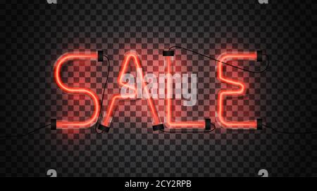 Sale Glowing Red Neon Tubes on Dark Transparent Background. Vector Illustration EPS10 Stock Vector