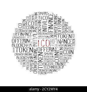 ICO Initial coin offering concept in tag circle cloud. Startup crowdfunding, blockchain technology texture. ICO concept words pattern on white backgro Stock Photo