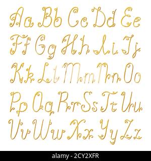 Golden brushed thin shiny 3d alphabet isolated on white background. Set of unique hand drawn gold glitter latin letters. Stock Photo