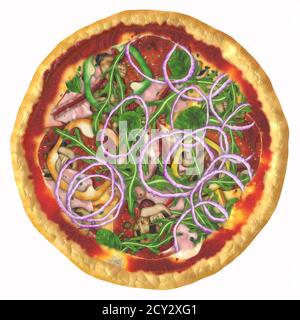 Appetizing 3-D Illustration of baked Italian pizza with all ingredients-tomatoes, onion, ham, ruccola, basil, paprika, mushrooms, olives, cheese high Stock Photo