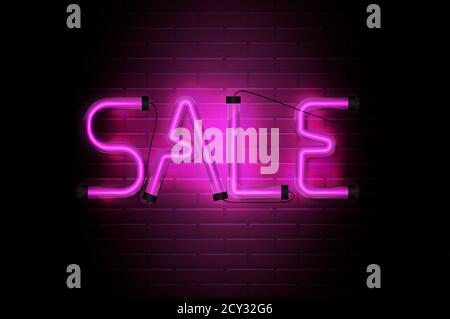 Sale Glowing Neon Pink Tubes on Dark Brick Wall  Background. Vector Illustration EPS10 Stock Vector