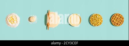 Baking steps for an apple pie, isolated on a green mint background. Top view with step by step preparation of an apple tart. Homemade dessert recipe. Stock Photo