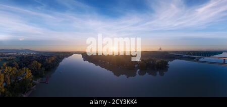 Luppa island on Danube river near by Budapest hungary.  Amazing panoramic landscape in the morning time. Stock Photo