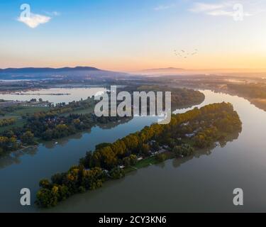 Luppa island on Danube river near by Budapest hungary.  Amazing panoramic landscape in the morning time. Stock Photo
