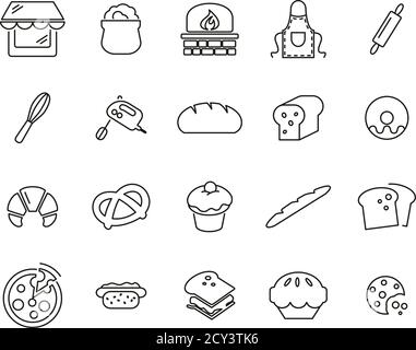 Bakery Or Bakehouse Icons Thin Line Set Big Stock Vector