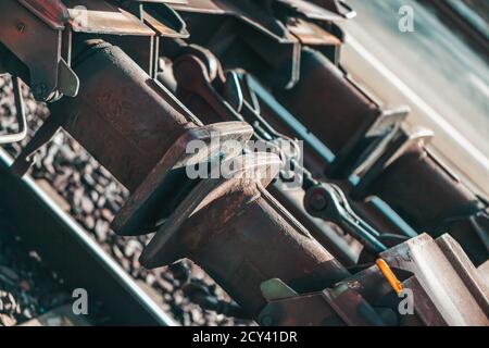 Close up picture of coupled train buffers Stock Photo