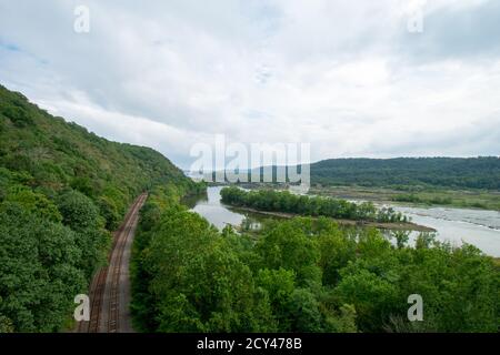 An Old Railroad Next to the Susquehanna River Viewed From the Holtwood Bridge Near Historic Lock 12 Stock Photo