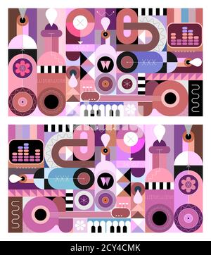 Abstract art composition of wine bottles, music instruments and equalizer. Two options of a geometric style vector artwork. Can be used as seamless ba Stock Vector