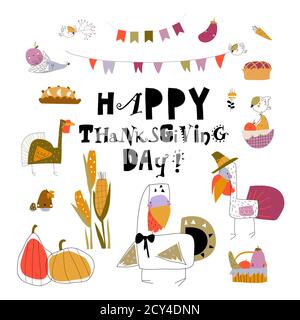 Funny turkeys with Thanksgiving theme on white background Stock Vector