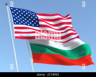 Two waving state flags of United States and Bulgaria on the blue sky. High - quality business background. 3d illustration Stock Photo