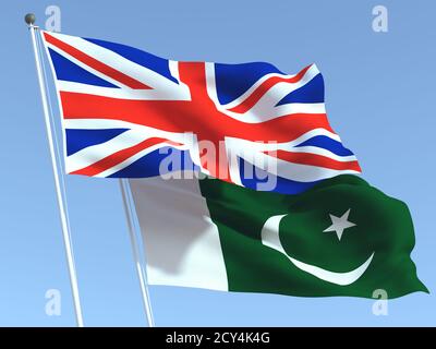 Two waving state flags of United Kingdom and Pakistan on the blue sky. High - quality business background. 3d illustration Stock Photo