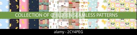 Collection of Kids Seamless Pattern Backgrounds with Cute animals and  rainbow, sun, cloud, balloon, star. Vector Illustration EPS10 Stock Vector