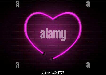 Heart Glowing Neon Pink Tubes on Dark Brick Wall  Background. Vector Illustration EPS10 Stock Vector