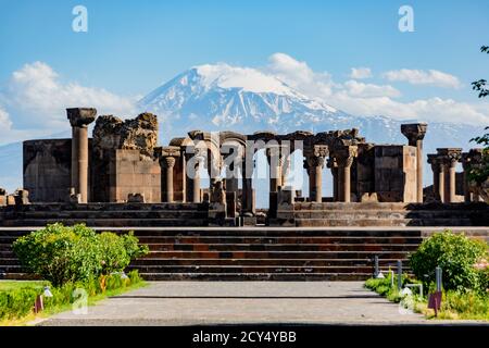 Ruins of the Zvartnos temple in Yerevan, Armenia, with Mt Ararat in the background Stock Photo