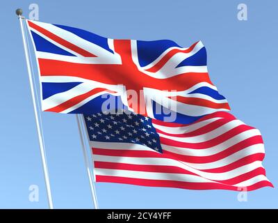 Two waving state flags of United Kingdom and United States on the blue sky. High - quality business background. 3d illustration Stock Photo