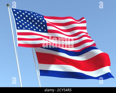Two waving state flags of United States and Costa Rica on the blue sky. High - quality business background. 3d illustration Stock Photo