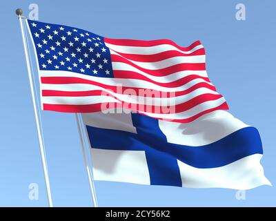 Two waving state flags of United States and Finland on the blue sky. High - quality business background. 3d illustration Stock Photo