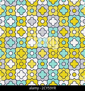 Traditional quatrefoil lattice pattern. Colorful quatrefoil shapes, retro colors - mint, mustard yellow. Seamless vector background. Stock Vector