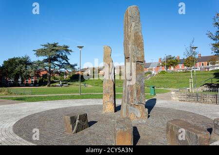 Stone sculptures, Central Park, King Square, Barry (Y Barri), Vale of Glamorgan, Wales, United Kingdom Stock Photo