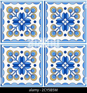 Traditional Portugal Lisbon azulejo ceramic tiles. Vector illustration. Yellow, blue and white colors. Four floor tiles set. Seamless vector pattern. Stock Vector
