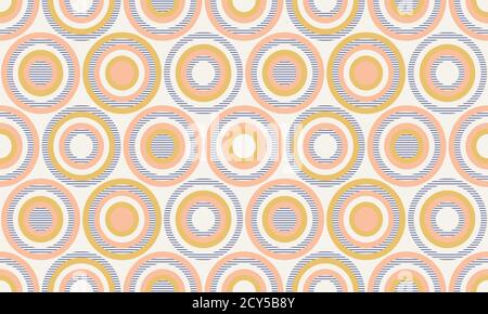 Abstract geometry in retro colors, geometric shapes geo pattern. Seamless vector pattern. Mustard yellow and coral pink background. Fashion fabric pat Stock Vector