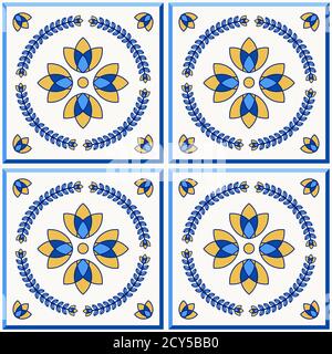 Traditional Portugal Lisbon azulejo ceramic tiles. Vector illustration. Yellow, blue and white colors. Four floor tiles set. Seamless vector pattern. Stock Vector