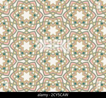 Intricate floral lotus background, vector seamless pattern. Teal, mint, pink, mustard yellow retro colors. Tangled flowers ornament Stock Vector