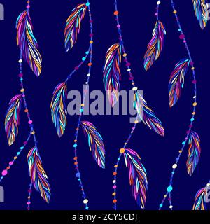 Colorful exotic tropical bird feathers, boho threads and beads seamless vector pattern. Different multicolor feathers vector illustration, boho style. Stock Vector