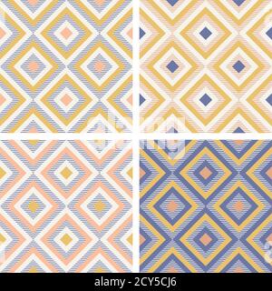 Abstract geometry in retro colors, diamond shapes geo pattern. Seamless vector pattern. Navy blue, mustard yellow and coral pink background. Fashion f Stock Vector