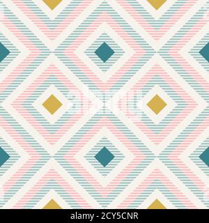Abstract geometry in retro colors, diamond shapes geo pattern. Seamless vector pattern. Mint and coral pink background. Fashion fabric pattern design. Stock Vector